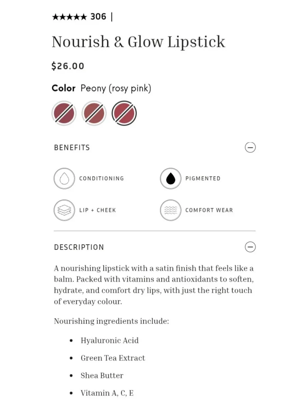 🎉2•$13/3•$18🎉 LITHE BEAUTY Nourish & Glow Lipstick in Peony